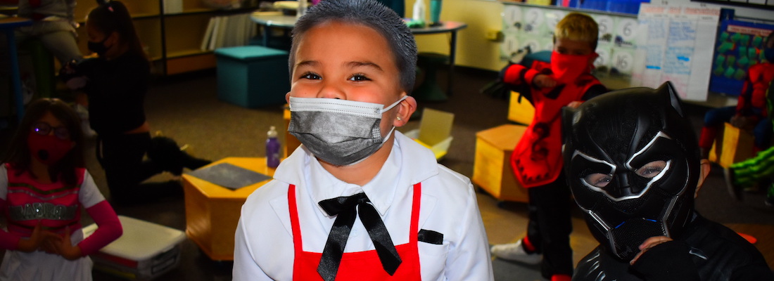 Student in costume in class